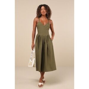 Brand New! Olive Pleated Backless Midi Dress With Pockets
